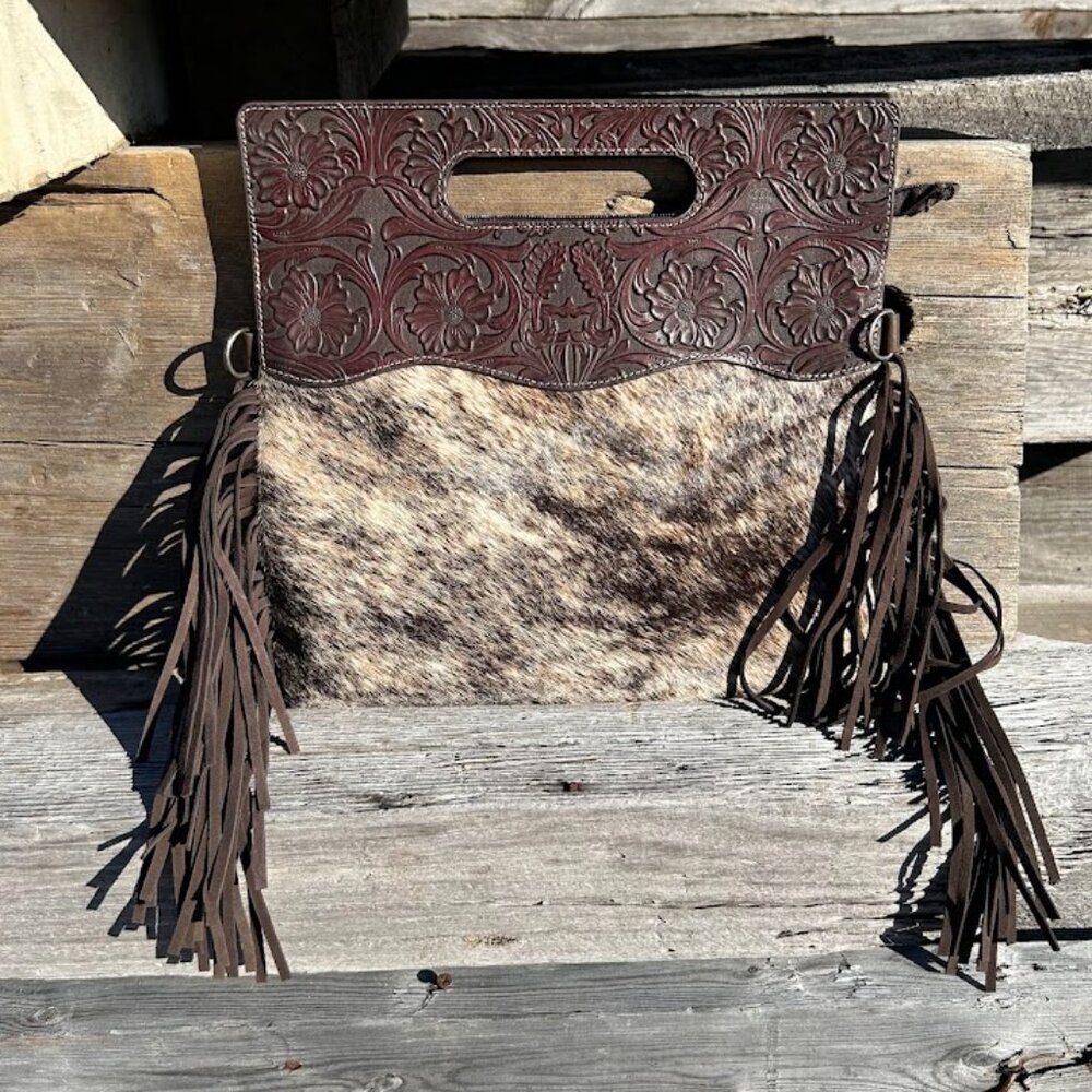 Coffee Brown Tooled Leather and Cowhide Concealed Carry Purse